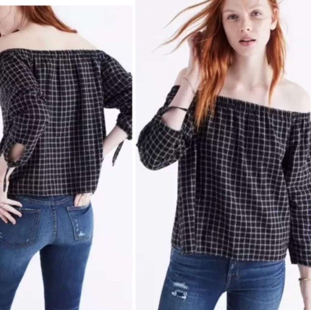 MADEWELL Top Black Plaid Off the Shoulder Size Sm